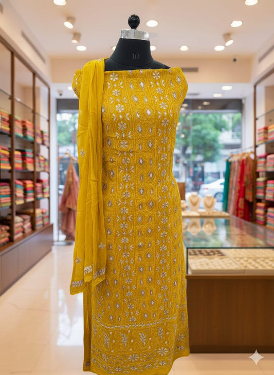 Viscose Pure Georgette Chikankari Unstitched Kurta & Dupatta Set with Handcrafted Gotta Patti Work