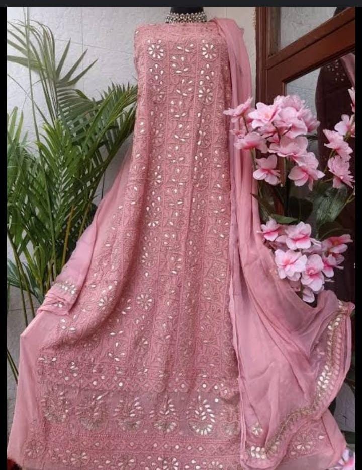 Viscose Pure Georgette Chikankari Unstitched Kurta & Dupatta Set with Handcrafted Gotta Patti Work