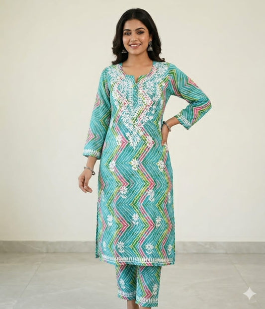 Premium Mul Mul Cotton Zig-Zag Print Embroidered Kurta & Pant Set