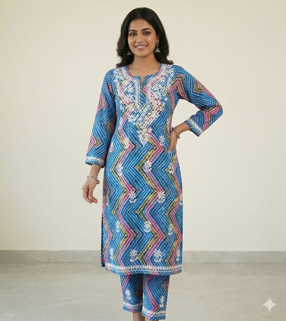 Premium Mul Mul Cotton Zig-Zag Print Embroidered Kurta & Pant Set