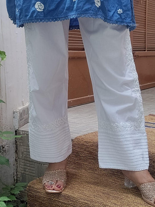 Pure Cotton Hand Embroidered Lucknowi Chikankari Pintex Straight Pants