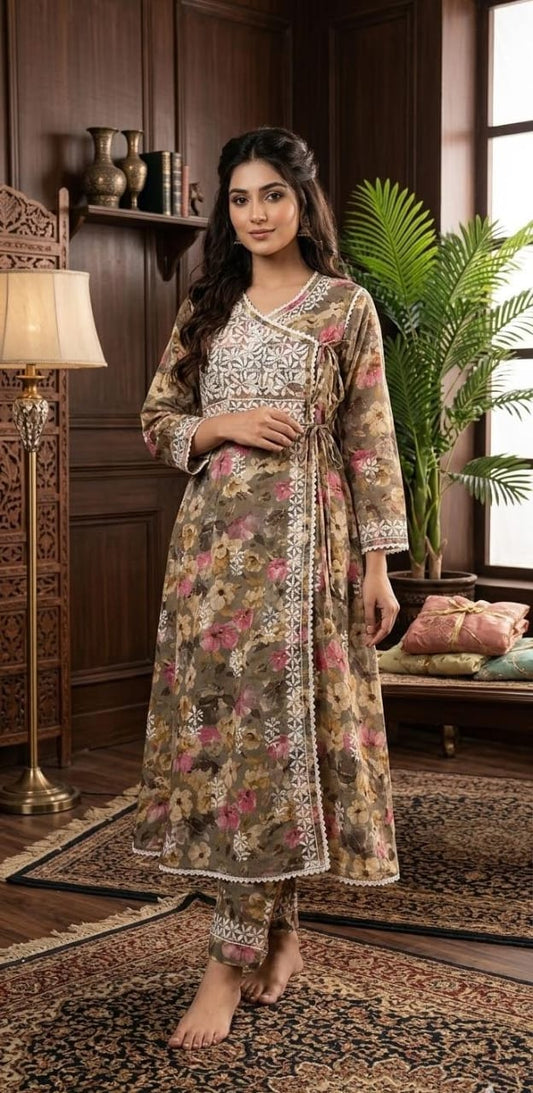 Printed Mulmul Cotton Chikankari Angarakha Kurti with Matching Pant Set