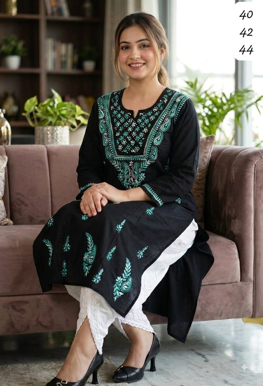 Pure Cotton Hand-Embroidered Chikankari Kurti with Optional White Dhoti Salwar