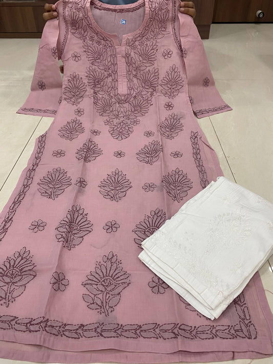 Pure Cotton Hand-Embroidered Chikankari Kurti Set with Pant & Slip