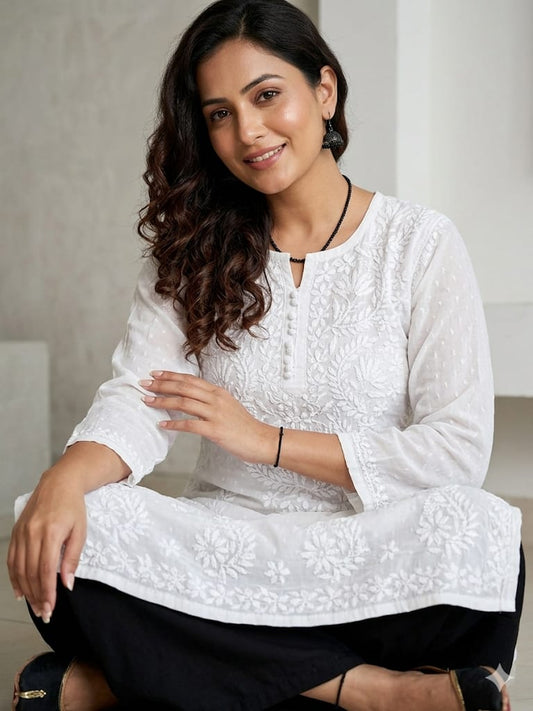 Pure White Dobby Cotton Hand-Embroidered Lucknowi Chikankari Kurti