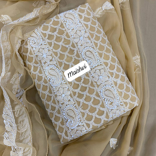 Premium 3-Piece Fine Georgette Lucknowi Chikankari Unstitched Suit Material