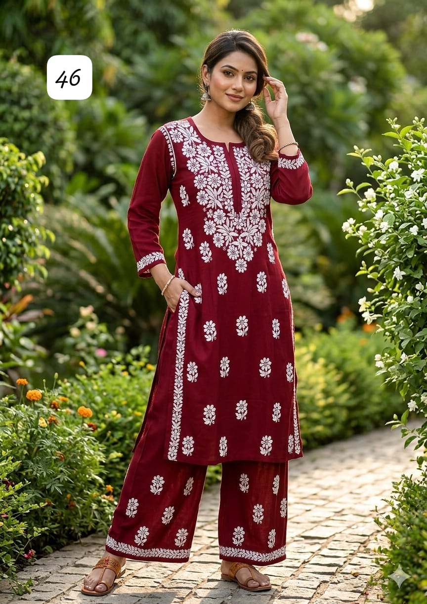 Premium Heavy Reyon Cotton Chikankari Kurti & Palazzo Set – Fine Heavy Embroidery Work