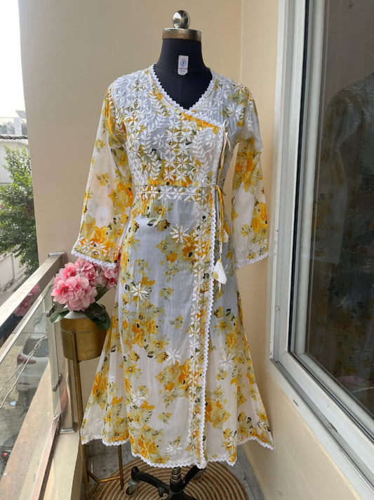 Beautiful Mul Mul Cotton Angarakha Kurti – Fine Chikankari Embroidery & Printed Elegance