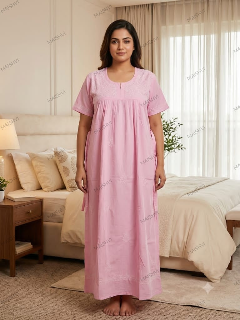 Hand Chikankari Cotton Nighty for Women | Soft, Breathable & Comfortable Nightwear
