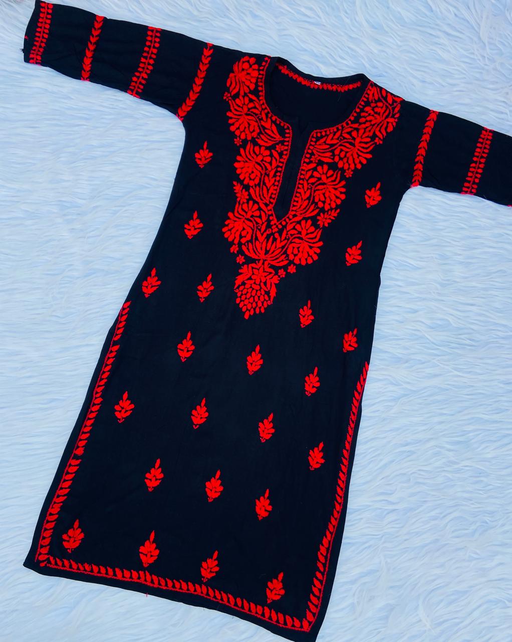 Exclusive Premium Reyon Gala Buti Work Kurta – Black Base with Colour Thread Work