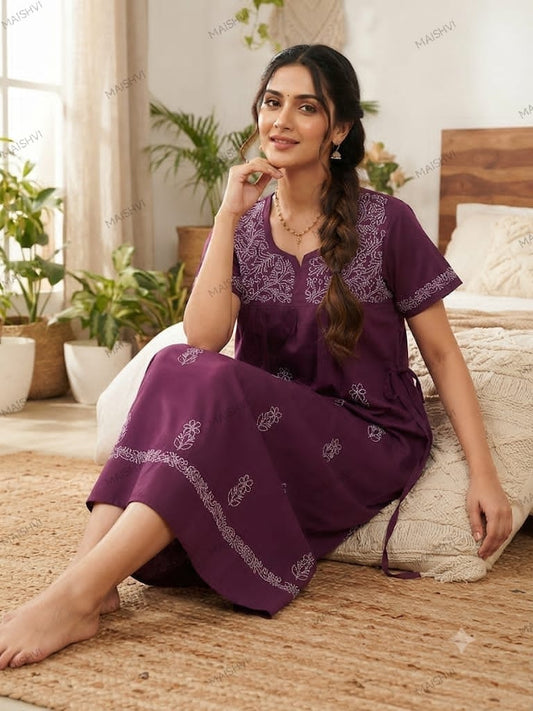 Hand Chikankari Cotton Nighty for Women | Soft, Breathable & Comfortable Nightwear