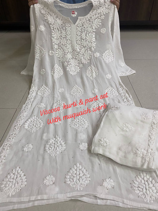 Viscose dyeable 3d work kurti set