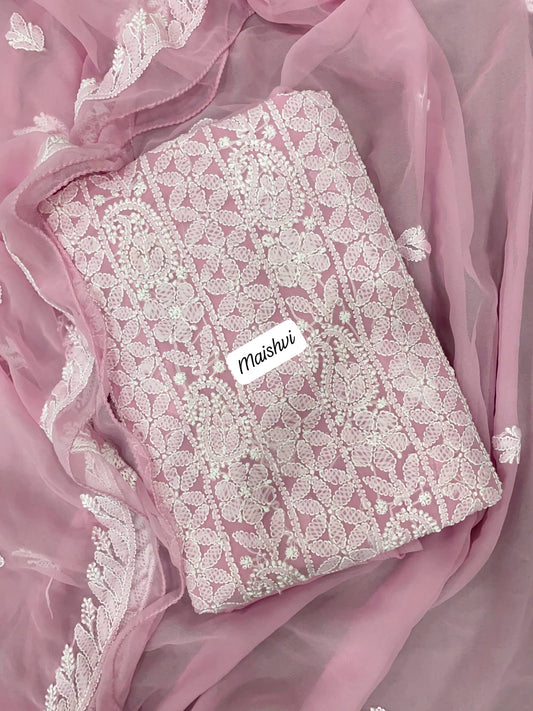 Georgette 3 Pc Chikankari Suit – Kurta Dupatta Bottom Set with Intricate Handwork