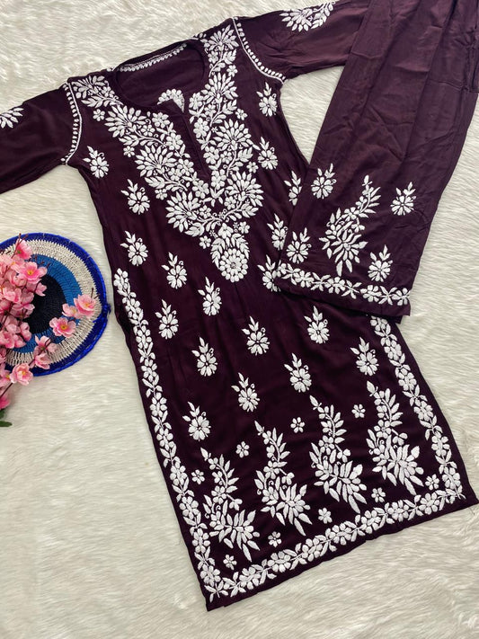 Reyon Cotton Chikankari Kurti with Palazzo Set – Fine Embroidery Work