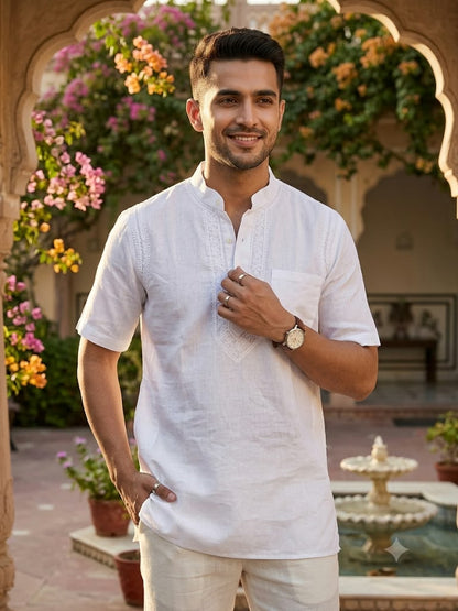 Pure Cotton Men’s Hand Embroidered Chikankari Short Kurta with Pockets