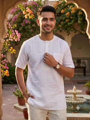 Pure Cotton Men’s Hand Embroidered Chikankari Short Kurta with Pockets