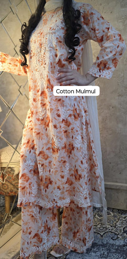 Printed Mul Mul Cotton Hand Embroidered Chikankari Kurti with Palazzo Set
