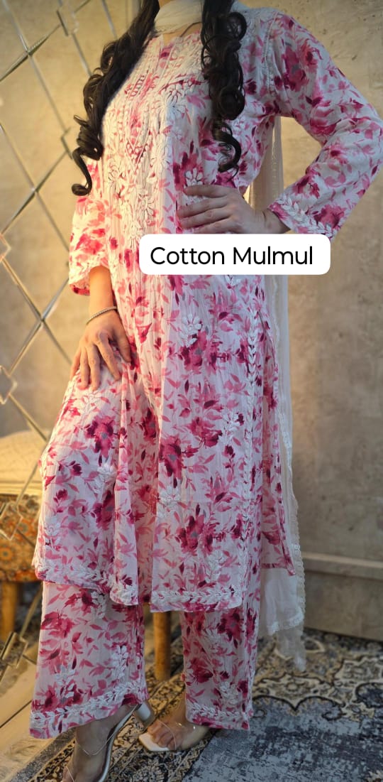 Printed Mul Mul Cotton Hand Embroidered Chikankari Kurti with Palazzo Set