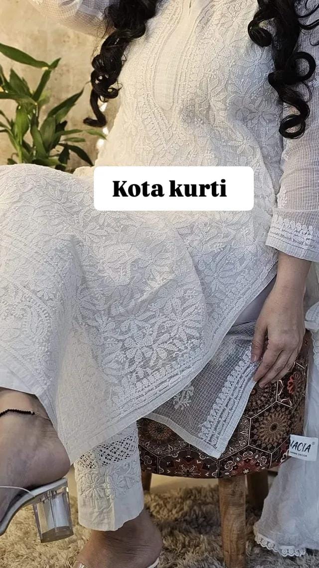 Pure Cotton Kota Doria Hand Embroidered Full Jaal Chikankari Kurti Set