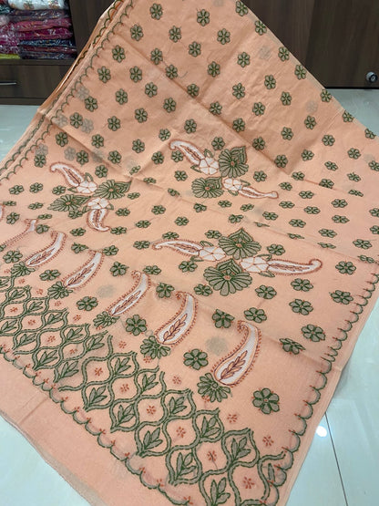 Hand Embroidered Pure Cotton Lucknowi Chikankari Saree with Blouse Piece