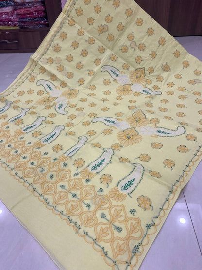 Hand Embroidered Pure Cotton Lucknowi Chikankari Saree with Blouse Piece
