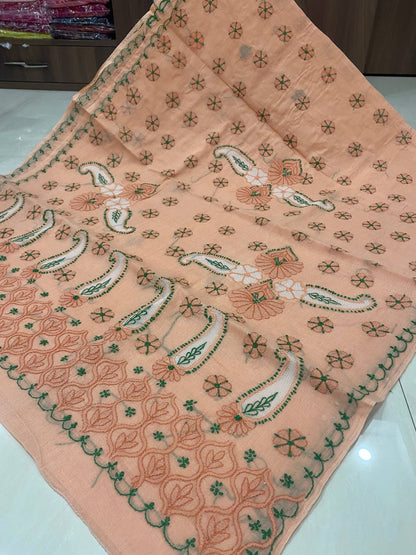 Hand Embroidered Pure Cotton Lucknowi Chikankari Saree with Blouse Piece