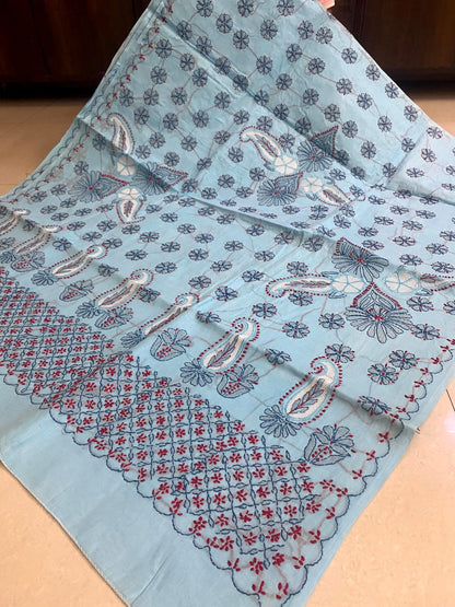 Hand Embroidered Pure Cotton Lucknowi Chikankari Saree with Blouse Piece