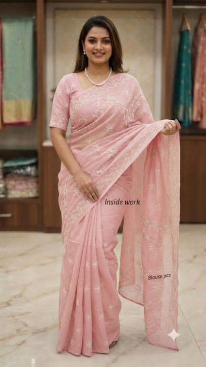 Hand Embroidered Pure Cotton Lucknowi Chikankari Saree with Blouse Piece