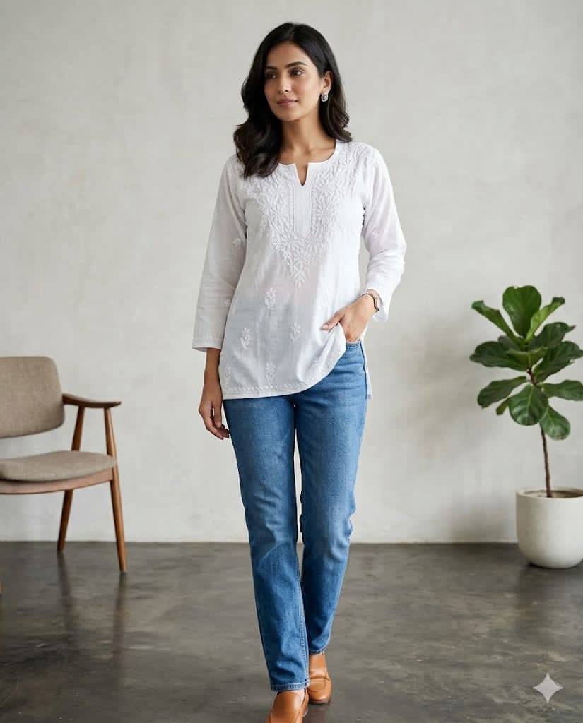 Hand Embroidered Rayon Lucknowi Chikankari Short Top / Kurti