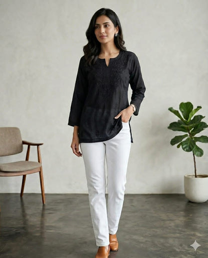Hand Embroidered Rayon Lucknowi Chikankari Short Top / Kurti