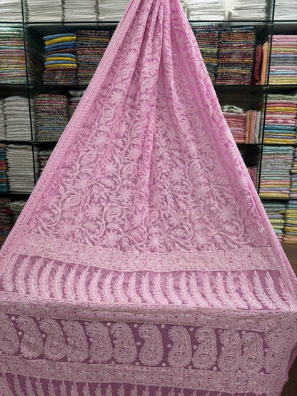 Heavy Dense Hand Embroidered Georgette Lucknowi Chikankari Full Jaal Saree with Blouse Piece