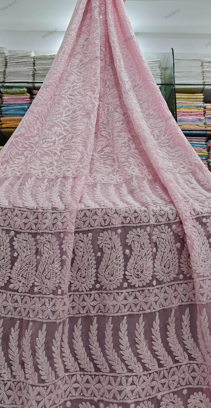 Heavy Dense Hand Embroidered Georgette Lucknowi Chikankari Full Jaal Saree with Blouse Piece