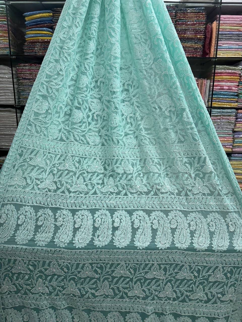 Heavy Dense Hand Embroidered Georgette Lucknowi Chikankari Full Jaal Saree with Blouse Piece