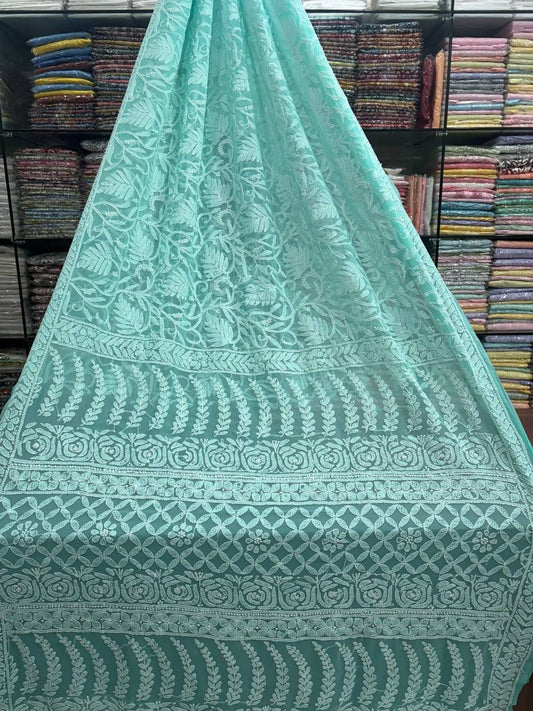 Heavy Dense Hand Embroidered Georgette Lucknowi Chikankari Full Jaal Saree with Blouse Piece