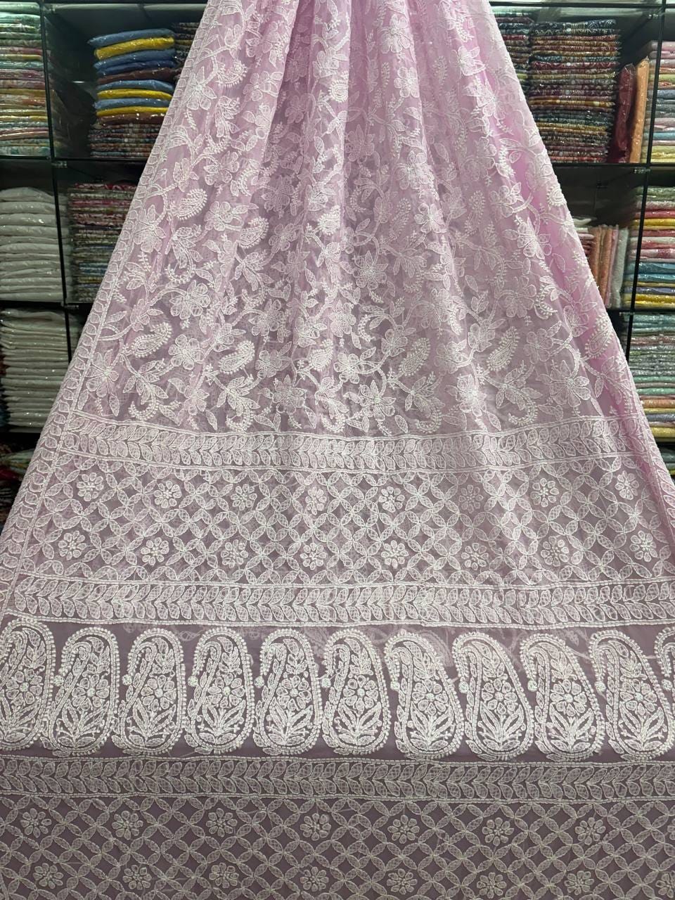 Heavy Dense Hand Embroidered Georgette Lucknowi Chikankari Full Jaal Saree with Blouse Piece