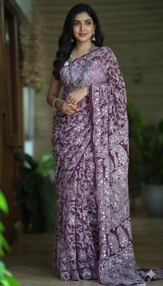 Hand Embroidered Georgette Lucknowi Chikankari Full Jaal Saree with Fine Gotta Patti Work & Blouse Piece