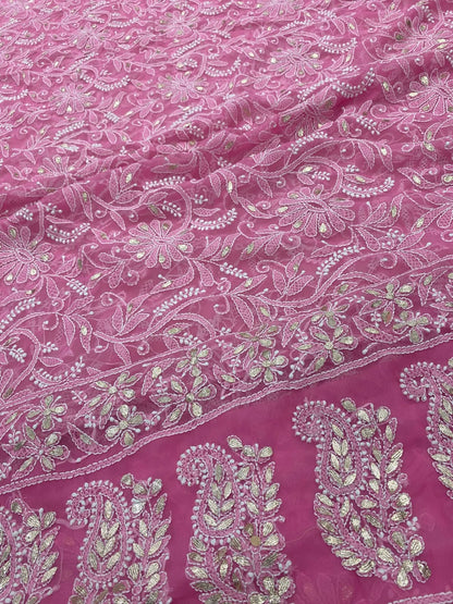 Hand Embroidered Georgette Lucknowi Chikankari Full Jaal Saree with Fine Gotta Patti Work & Blouse Piece