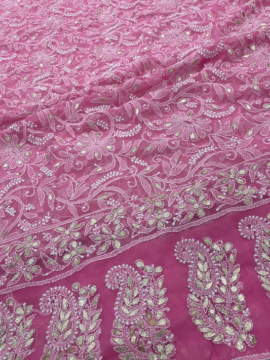 Hand Embroidered Georgette Lucknowi Chikankari Full Jaal Saree with Fine Gotta Patti Work & Blouse Piece