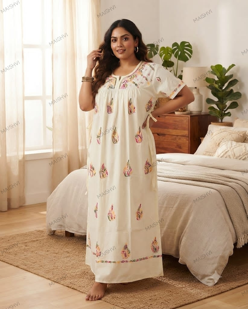Plus Size Cotton Hand Embroidered Lucknowi Chikankari Nighty / Maxi Gown