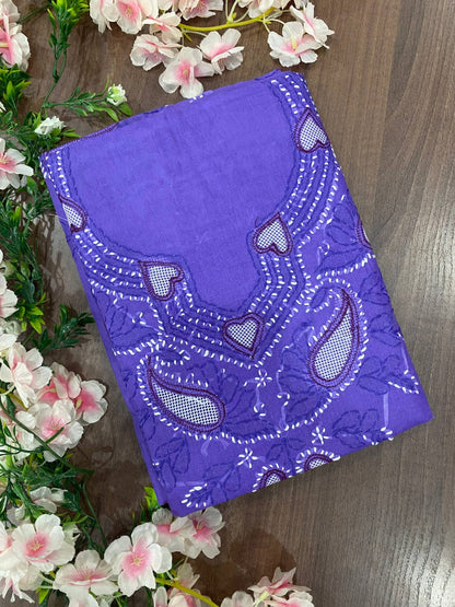 Hand Embroidered Lucknowi Chikankari Cotton Suit Material Set with Net Gala & Cotton Dupatta