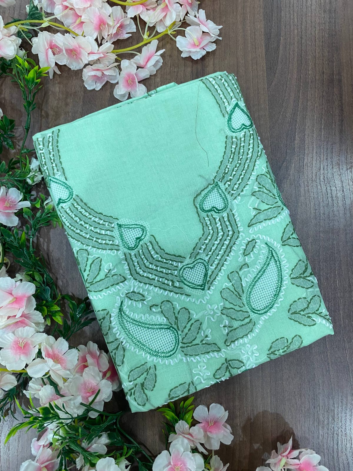 Hand Embroidered Lucknowi Chikankari Cotton Suit Material Set with Net Gala & Cotton Dupatta