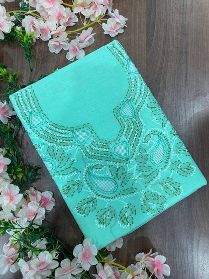 Hand Embroidered Lucknowi Chikankari Cotton Suit Material Set with Net Gala & Cotton Dupatta
