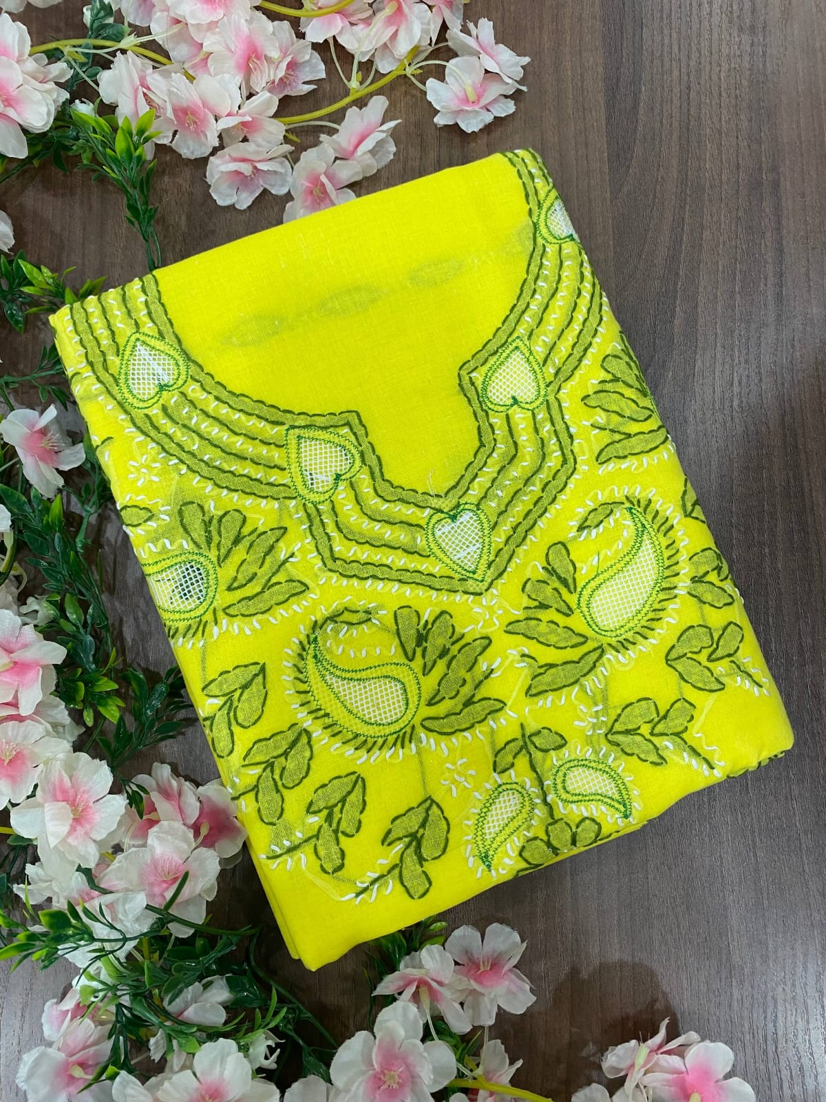 Hand Embroidered Lucknowi Chikankari Cotton Suit Material Set with Net Gala & Cotton Dupatta