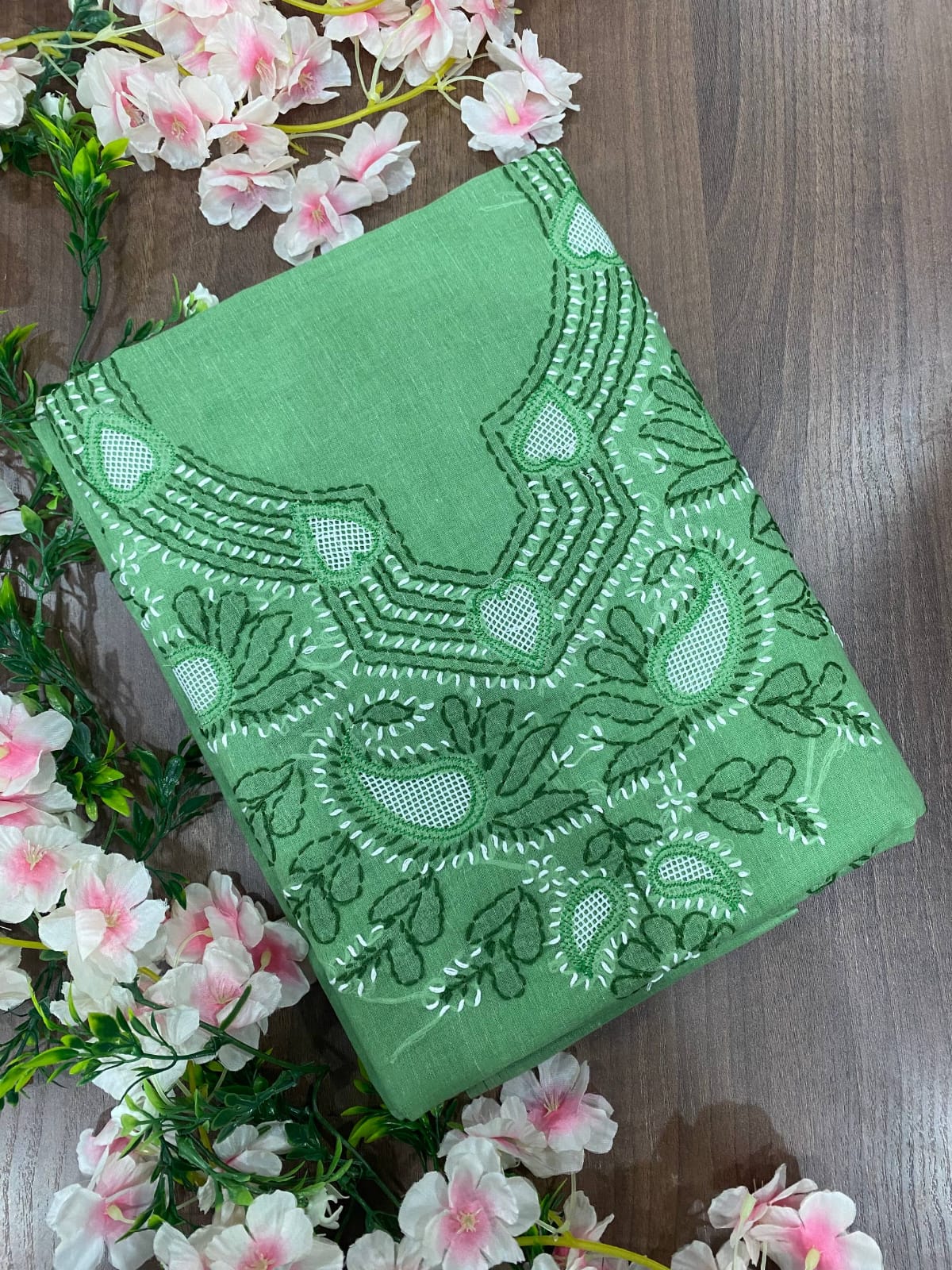 Hand Embroidered Lucknowi Chikankari Cotton Suit Material Set with Net Gala & Cotton Dupatta