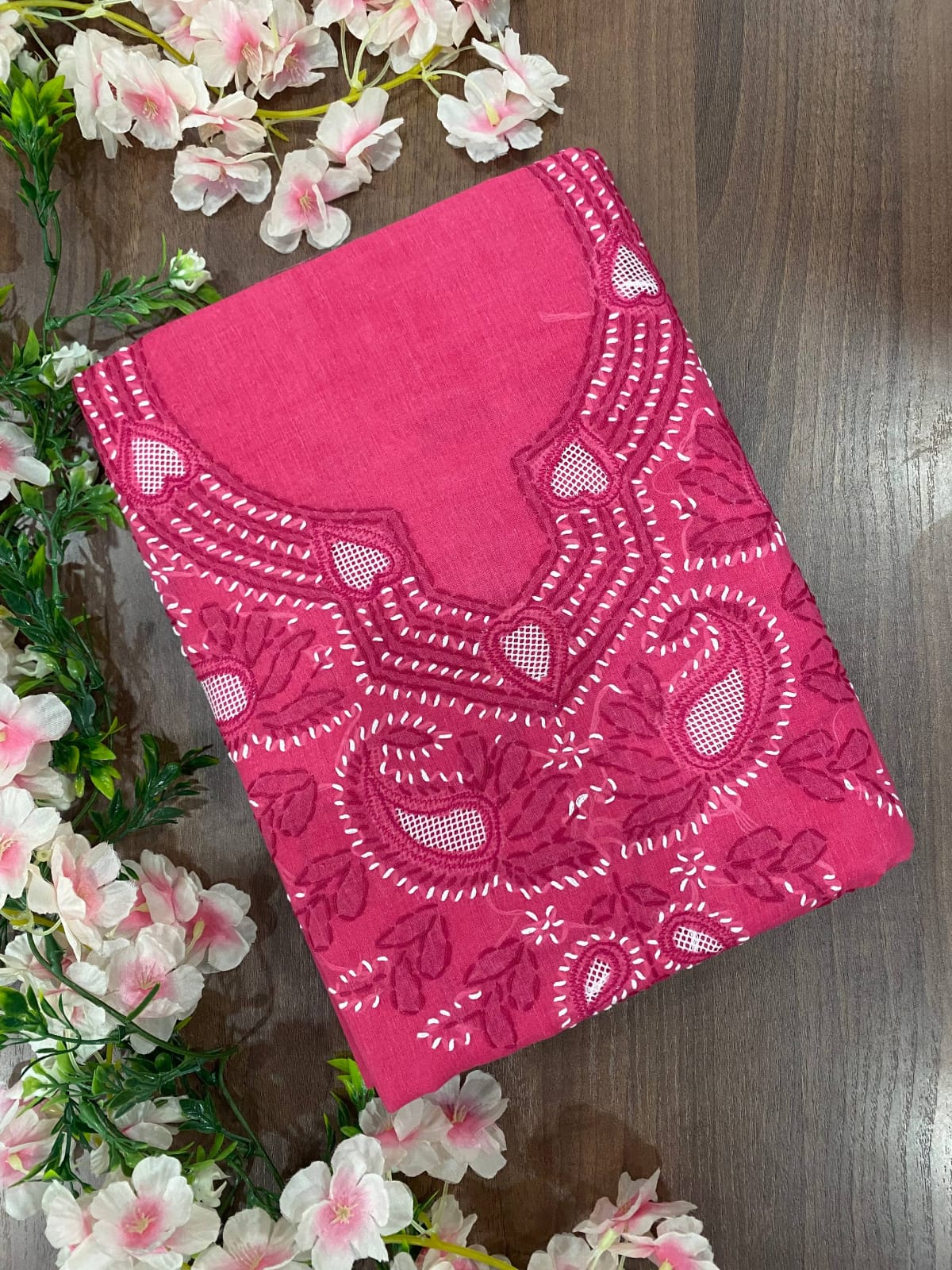 Hand Embroidered Lucknowi Chikankari Cotton Suit Material Set with Net Gala & Cotton Dupatta