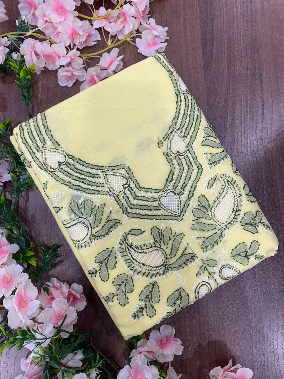 Hand Embroidered Lucknowi Chikankari Cotton Suit Material Set with Net Gala & Cotton Dupatta