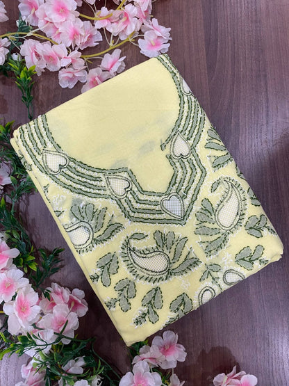 Hand Embroidered Lucknowi Chikankari Cotton Suit Material Set with Net Gala & Cotton Dupatta