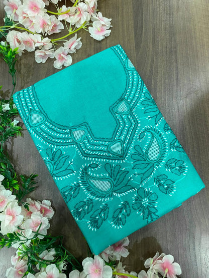 Hand Embroidered Lucknowi Chikankari Cotton Suit Material Set with Net Gala & Cotton Dupatta
