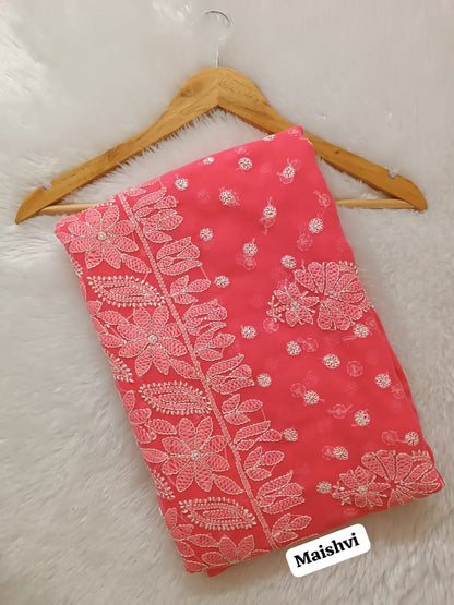 Premium Hand Embroidered Lucknowi Chikankari Resham Thread Keel Work Saree with Blouse Piece