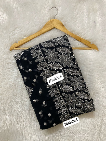 Premium Hand Embroidered Lucknowi Chikankari Resham Thread Keel Work Saree with Blouse Piece